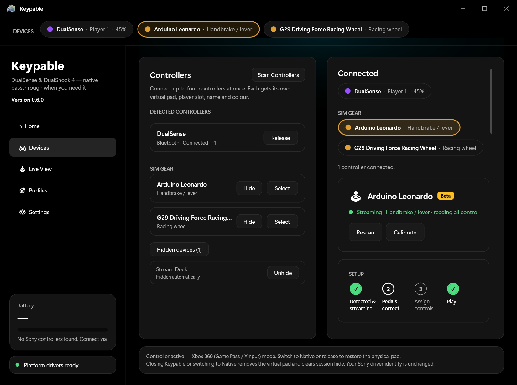 Setting up sim gear — a handbrake streaming live, with a step-by-step setup checklist