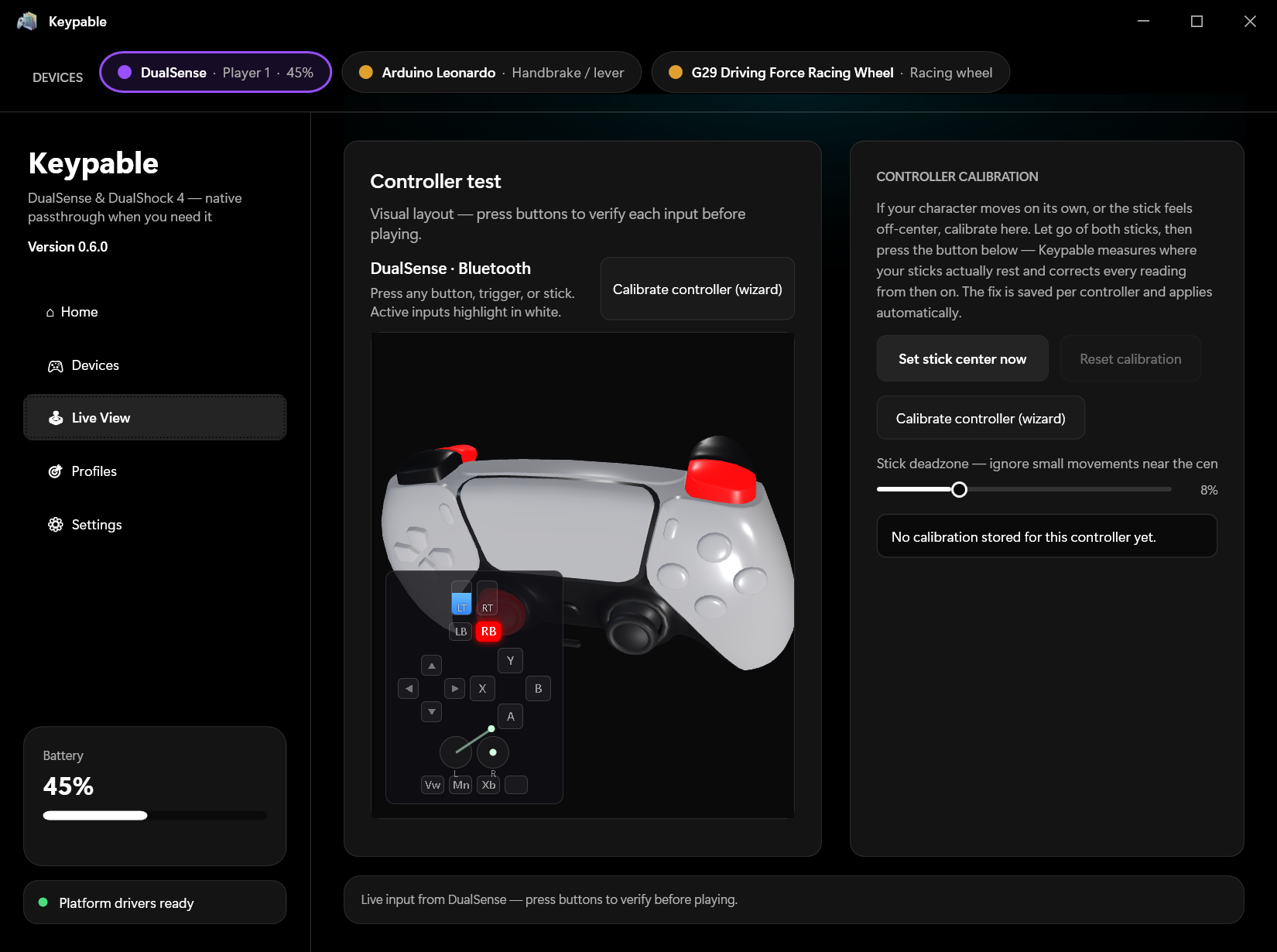 3D Live View — a DualSense model lighting up each button as it is pressed, with stick calibration