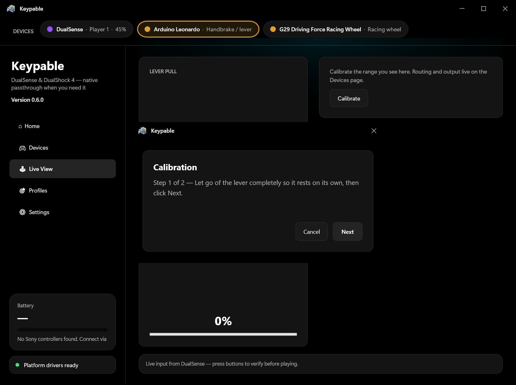 The guided calibration wizard for sim gear